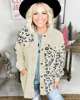 Leopard Print Detail Pocketed Corduroy Jacket