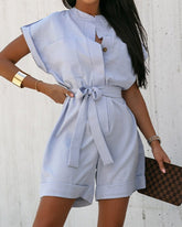 Single-breasted Jumpsuit with Large Pockets Solid Color Shorts Jumpsuits