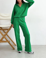 Casual Two-Piece Set V-neck Fleece Sweatshirt High-waisted Wide-leg Pants