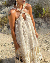 Flowy Cut Out Halter Neck Long Dress 3D Flower Chiffon Ruffle Frill Trim Puffy Swing Dress