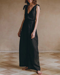 Two Piece Outfits Solid Color Tie Deep V Top High Waist Wide Leg Pants Suit