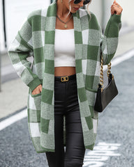 Plaid Dropped Shoulder Cardigan with Pocket