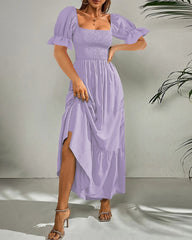Ruffle Puff Sleeve Smocked Dress Square Neck Long Sleeve High Waist Flowy Maxi Dress