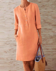 Solid Color Pockets Round Neck Long Sleeve Buttons Dress
