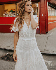 V Neck Short Sleeve Lace Maxi Dress