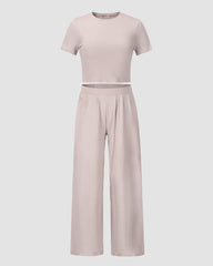 Two Piece Outfit Short Sleeve Crop Top and Wide Leg Pant Set