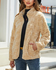 Long-sleeved Zippered Cardigan Loose Solid Color Checkered Plush Jacket