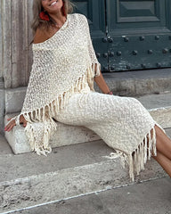 Dolman Sleeve Fringe Knit Sweater Pullover Cape Shawl Blouse