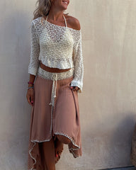 Stitching Hollow Women's Knitted Sweater Loose Round Neck Sunscreen Blouse