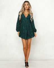 Lace Dress Deep V Floral Long Sleeve Cocktail Swing Dress