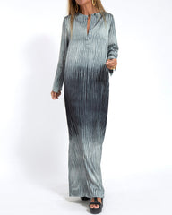 Ombre Print Long Sleeve Pleated Long Dress