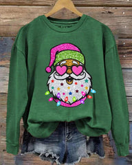 Women's Shiny Santa Print Round Neck Sweatshirt