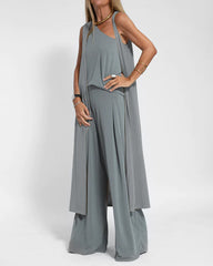 Four-Piece Set Sleeveless T-Shirt Vest, Open-Front Cardigan, Long-Sleeve Jacket, and Wide-Leg Pants