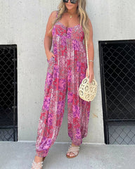 V Neck Street Daily Retro Printed Loose Fit Sleeveless Jumpsuits