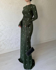 Long Sleeve Slim Fit Ruffled A-line Maxi Dress