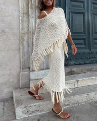 Dolman Sleeve Fringe Knit Sweater Pullover Cape Shawl Blouse