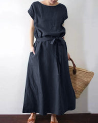 Long Maxi Crew Neck Dress with Belt High Waist with Pockets Conton Dress