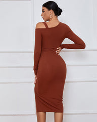 Sexy Drawstring Slit Off Shoulder Long Sleeve Dress