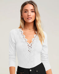 V-neck Lace Trim Long-sleeved Bodysuits