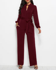 Elegant Long Sleeve Straight Long Pants Jumpsuits Clubwear Rompers with Pockets