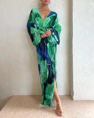 Casual Long Sleeve Pleated Long Dress Loose Deep V Neck Holiday Beach Cover Ups