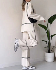 Casual Two-pieces Outfits Solid Color Casual Top Loose Bootcut Trousers Pants Sets