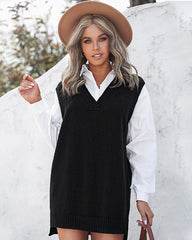 Solid Color Loose V-neck Sleeveless Vest Sweater Dresses