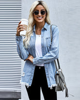 Button Denim Jacket Distressed Ripped Long Sleeve Cute Jean Coat
