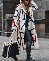 Casual Long Sleeve Lapel Printed Notched Collar Warm Midi Jacket Overcoat
