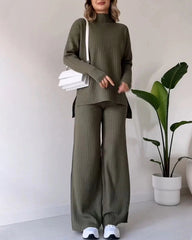 Solid Color Two Piece Set Casual Turtleneck Sweater Top & Wide Leg Pants