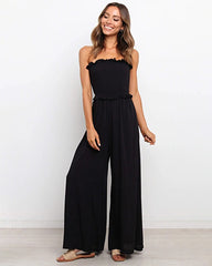 Smocked Strapless Jumpsuits Wide Leg Long Pants Rompers