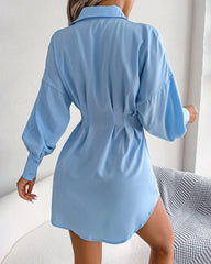 Lantern Sleeve Waisted Asymmetric Shirt Dress