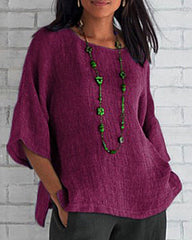Cropped Sleeves Cotton Linen T-Shirt Boho Vintage Loose Fit Tunic Tops Plain Crewneck Tees