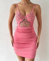 Lace Patchwork Tie-up Backless Pleated Mini Dress