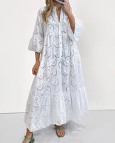 Loose Vintage Solid Color Hollow-out Lace Dress V-neck Flare Sleeve Embroidery Maxi Dress