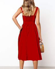 Square Neck Sleeveless Elastic Waist A-line Midi Dress