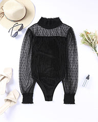 Turtle Mock Neck Polka Dot Sheer Mesh Long Sleeve Bodysuits Slim Body Suits Leotard Tops Jumpsuit