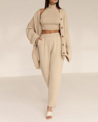 Solid Winter Vest Cardigan Pants Three Piece Knit Sets