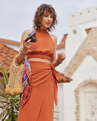 Solid Color Casual Halter Neck Sleeveless Dress Skirt Set