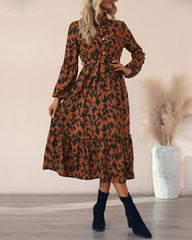 Long-sleeved Leopard Print Button Mid Dress with Belt