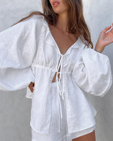 White Two-Piece Lantern Sleeve V-Neck Top and Shorts Set
