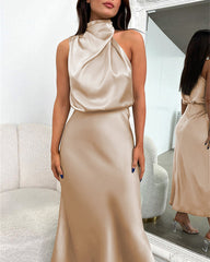 Long Formal Satin Dress Mock Neck High Neck Evening Dress
