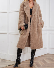 Faux Fur Long Grain Fleece Wool Cardigan Coat