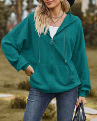 V-Neck Zipper Closure Solid Color Long Loose Hoodie Jacket