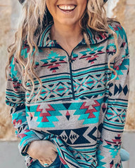 Geometric Print Sweatshirts Retro Long Sleeve Bohemia Loose Fit Zip Up Pullover
