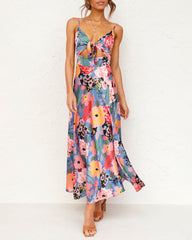 Spaghetti Strap Midi Dresses Sexy Deep V Neck Backless Floral Print Side Slit Maxi Dress