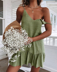 Spaghetti Strap A Line Dress Summer Solid Color Sleeveless V Neck Mini Ruffle Beach Sundress