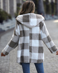 Hooded Loose Plaid Bubble Fleece Cardigan Jacket