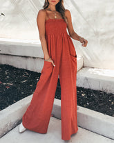 Wide Leg Jumpsuit Pocket Spaghetti Straps Plain Loose Jumpsuit