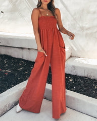 Wide Leg Jumpsuit Pocket Spaghetti Straps Plain Loose Jumpsuit